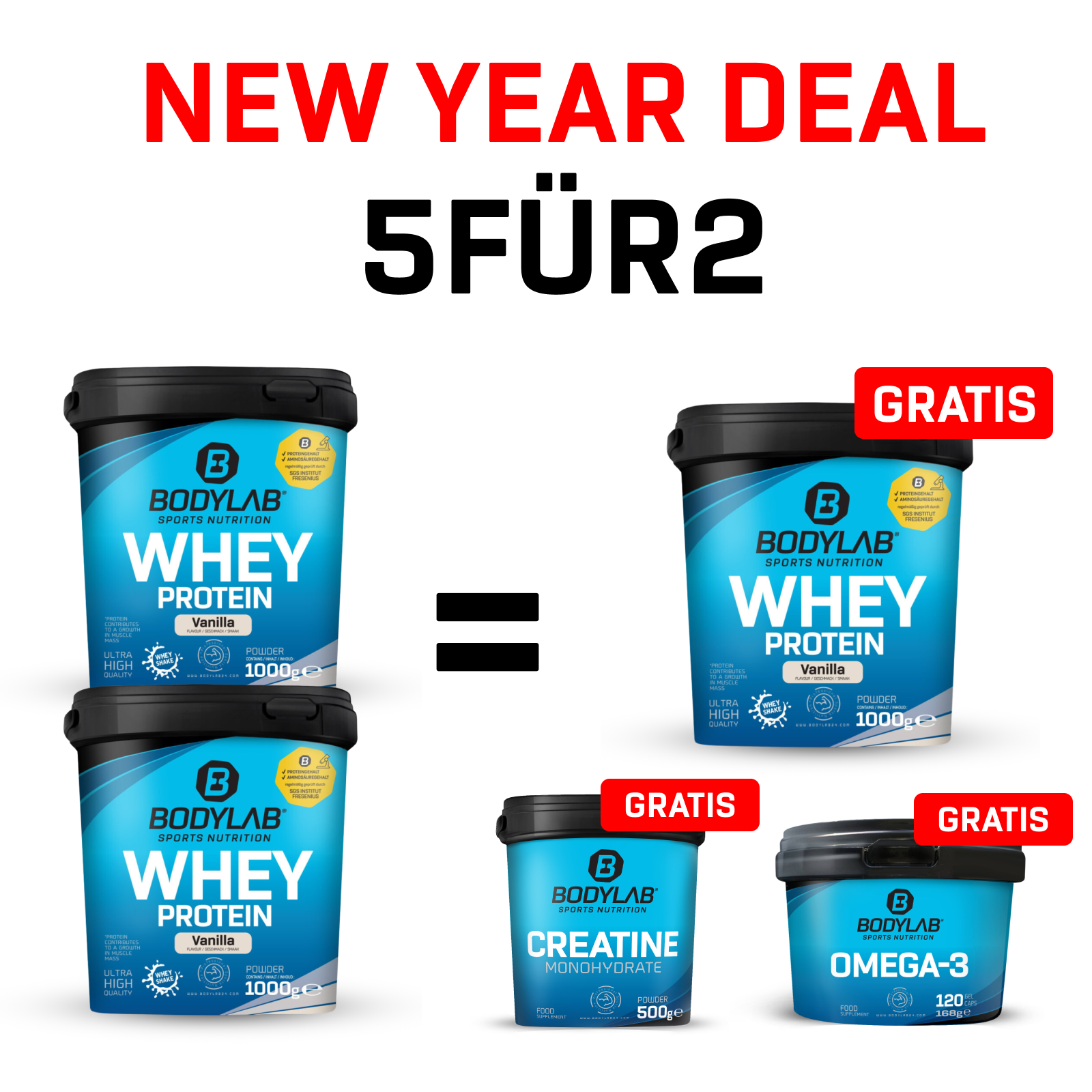 NEW YEAR DEAL: 5Für2 Protein-Powerpack mit Gratis Whey + Creatine + Omega-3